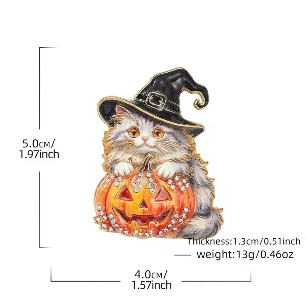 Halloween-Brosche Hexenkatze Kürbis – Maßangaben 5,0 x 4,0 cm, 13 g