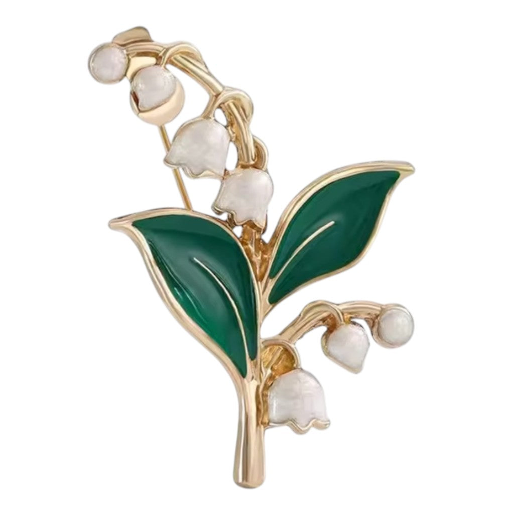 Vintage Maiglöckchen-Brosche mit weißer Emaille - Goldton