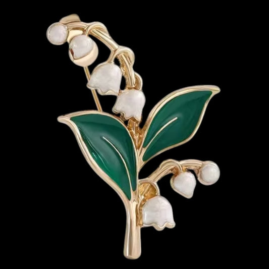 Vintage Maiglöckchen-Brosche mit weißer Emaille - Goldton