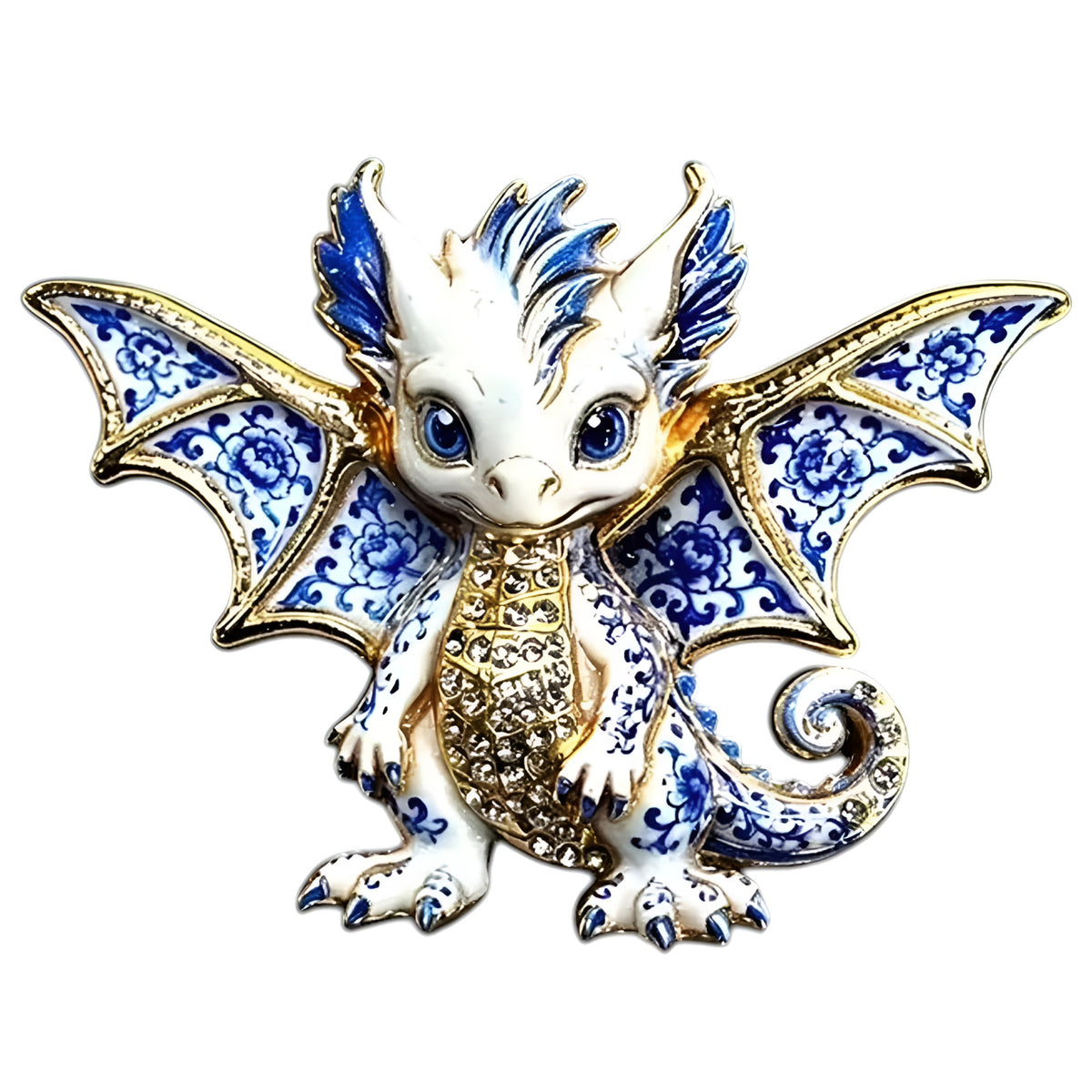 Niedliche Drachen Brosche in Blau-Weiß mit goldfarbenen Details