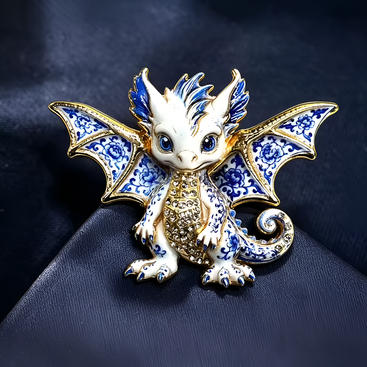 Niedliche Drachen Brosche in Blau-Weiß mit goldfarbenen Details