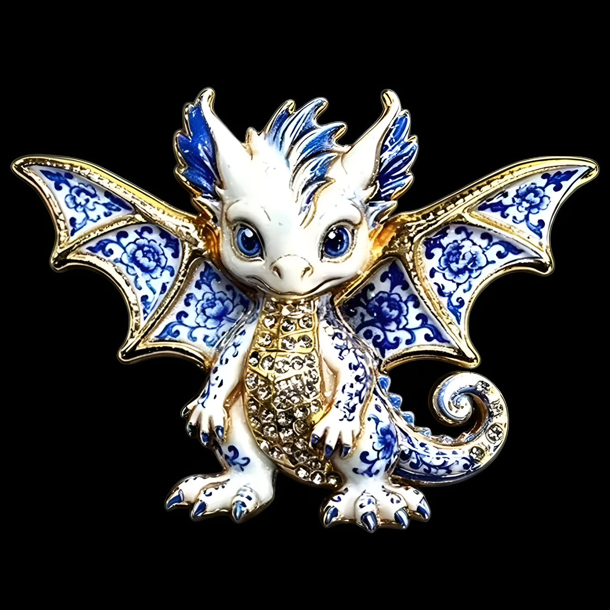 Niedliche Drachen Brosche in Blau-Weiß mit goldfarbenen Details