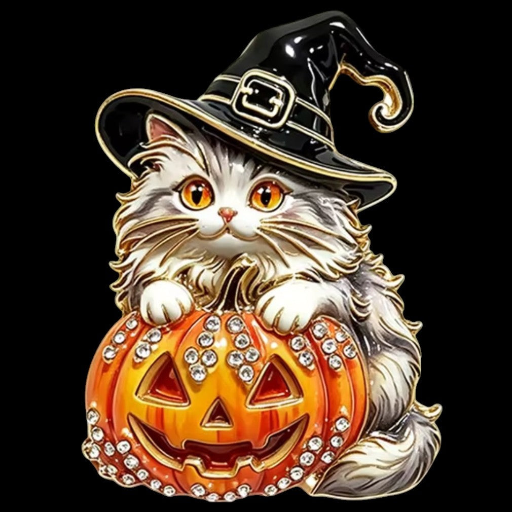 Halloween-Brosche Hexenkatze Kürbis – schwarzer Hintergrund