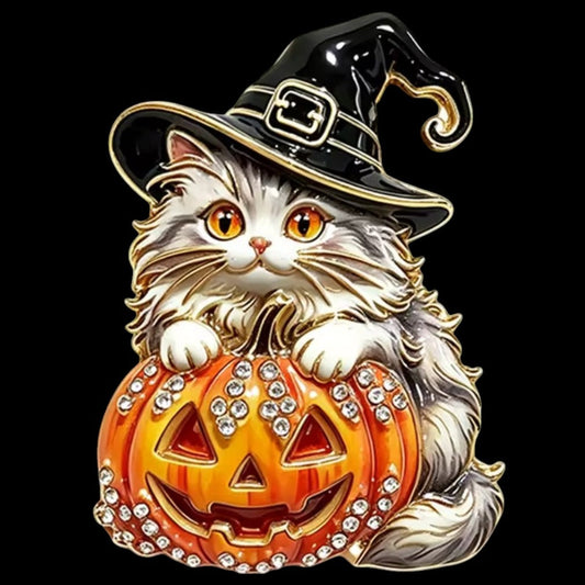 Halloween-Brosche Hexenkatze Kürbis – schwarzer Hintergrund