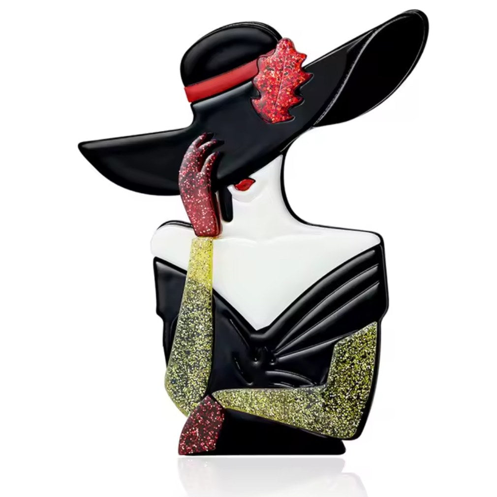 Acryl Brosche Kunstmotiv vintage Lady 80s