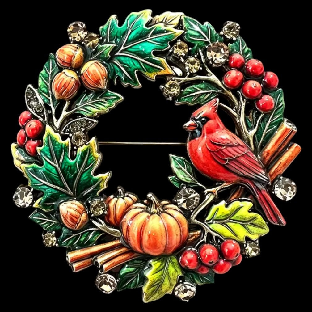 Herbstkranz-Brosche Kardinalvogel Herbst-Bunt – schwarzer Hintergrund