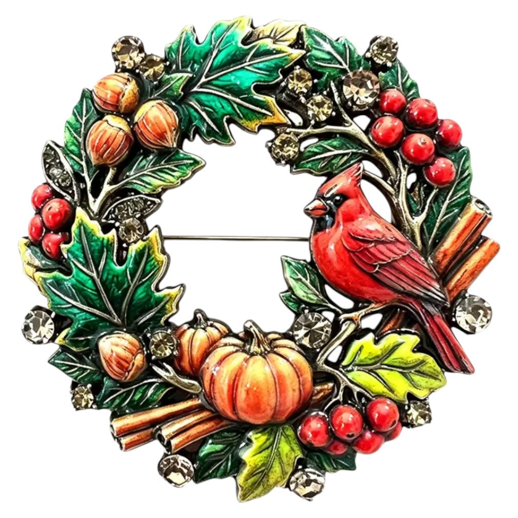 Herbstkranz-Brosche Kardinalvogel Herbst-Bunt – weißer Hintergrund