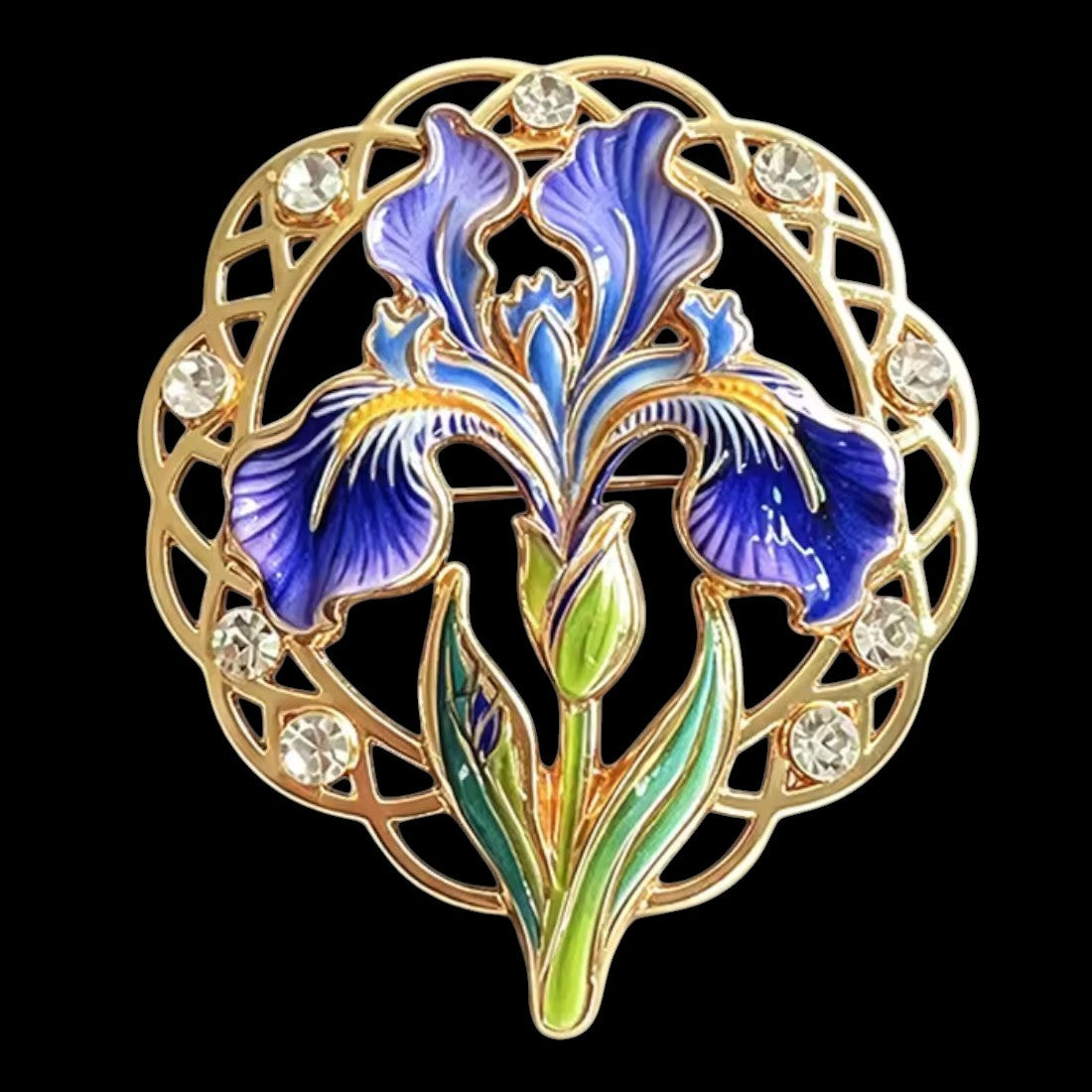 Iris Brosche Art Nouveau blau gold schwarzer Hintergrund Frontansicht