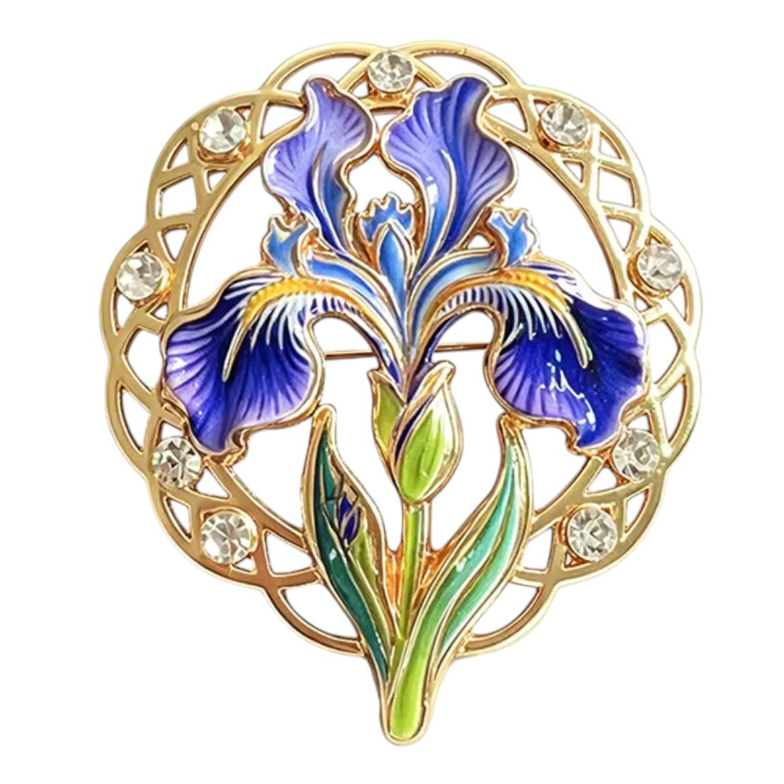 Iris Brosche Art Nouveau blau gold weißer Hintergrund Frontansicht