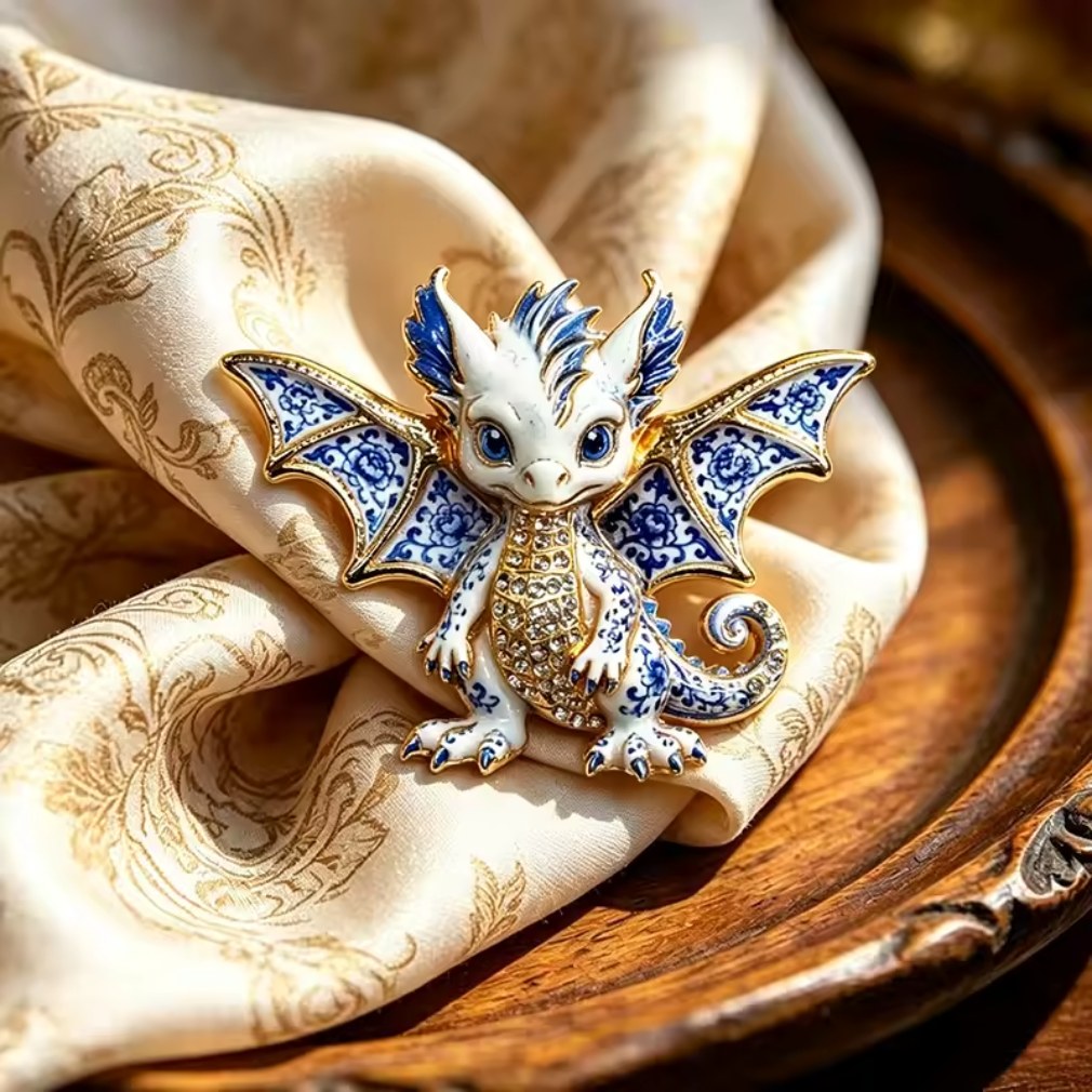 Niedliche Drachen Brosche in Blau-Weiß mit goldfarbenen Details