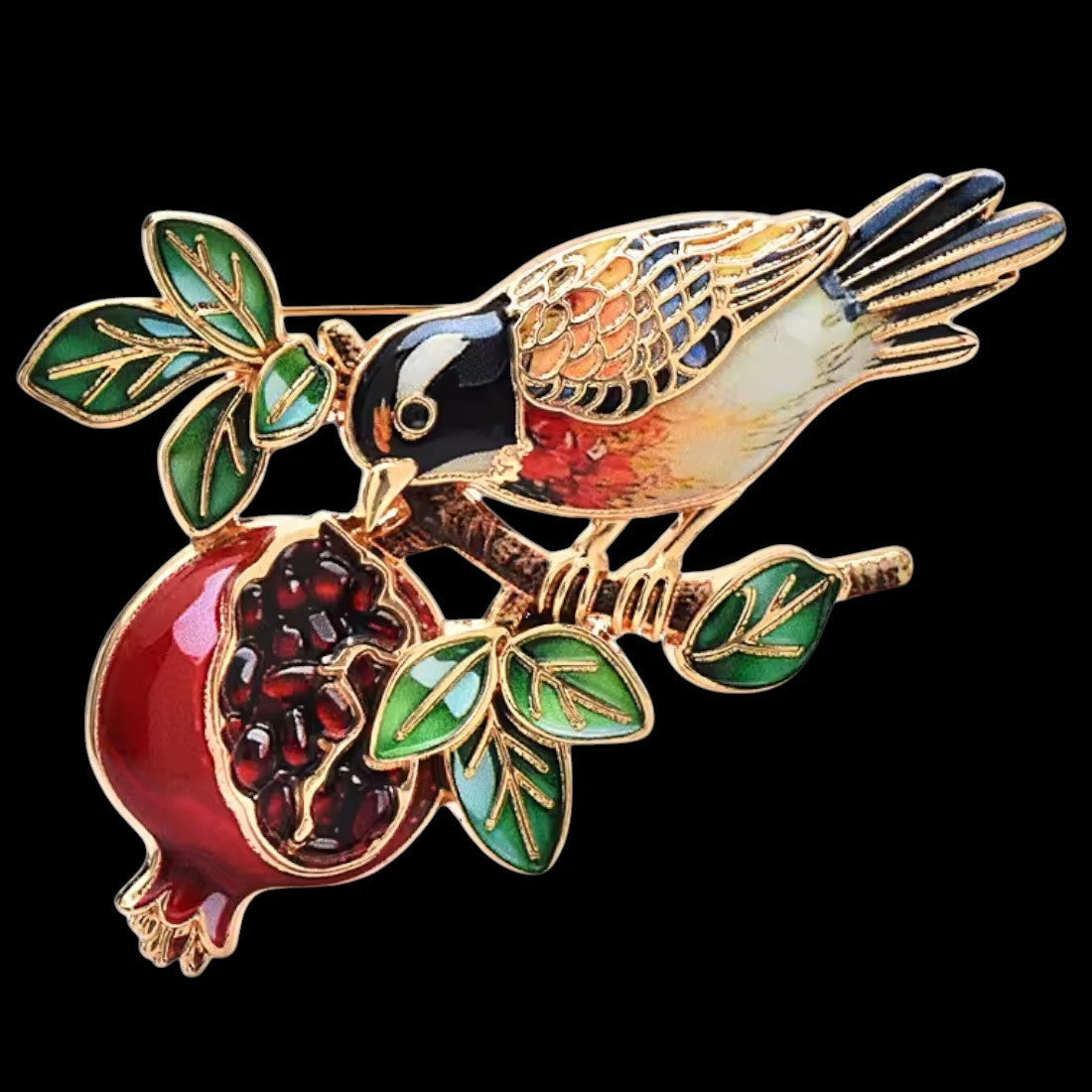Vogelbrosche Spatz Granatapfel schwarzer Hintergrund Frontansicht