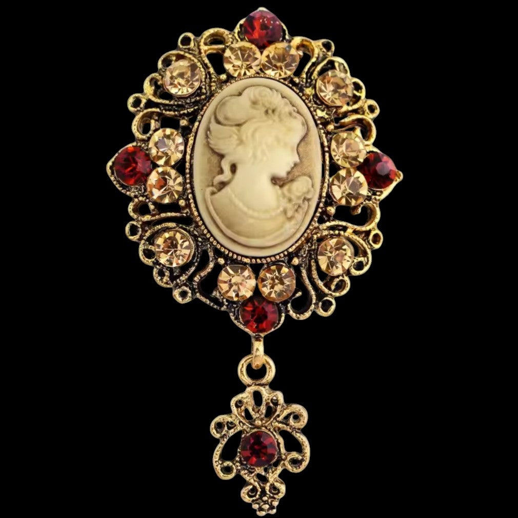 Viktorianische Kamee-Brosche Gold mit rotem Strass und Anhänger