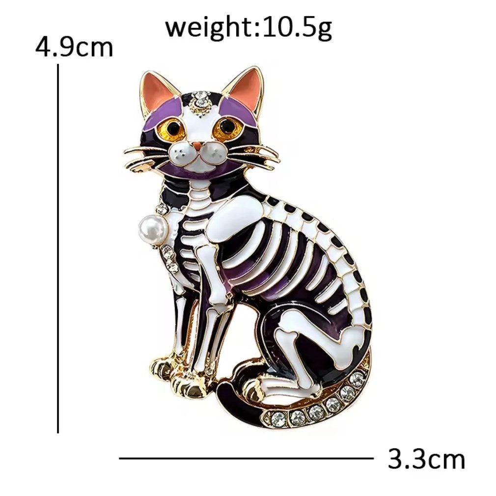 Gothic Halloween-Brosche Skelett-Katze mit Perle & Strass