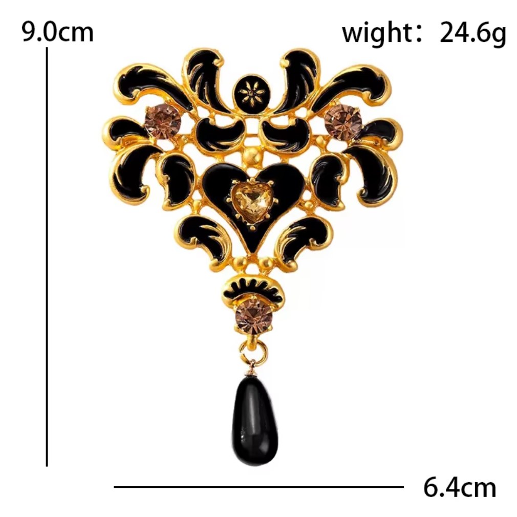 Barocke vintage Ornament-Brosche Schwarz-Gold 9 cm