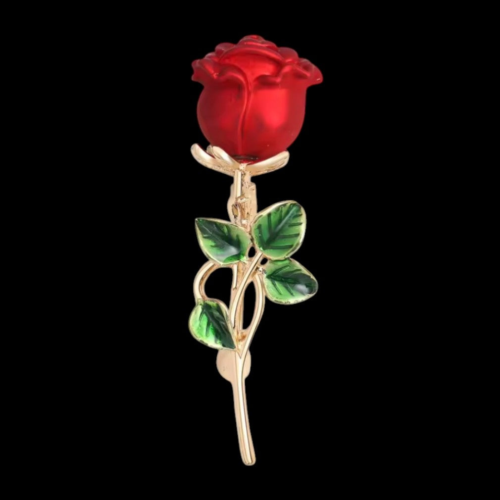 Romantische Rosen-Brosche Rot mit Email und grünen Blättern