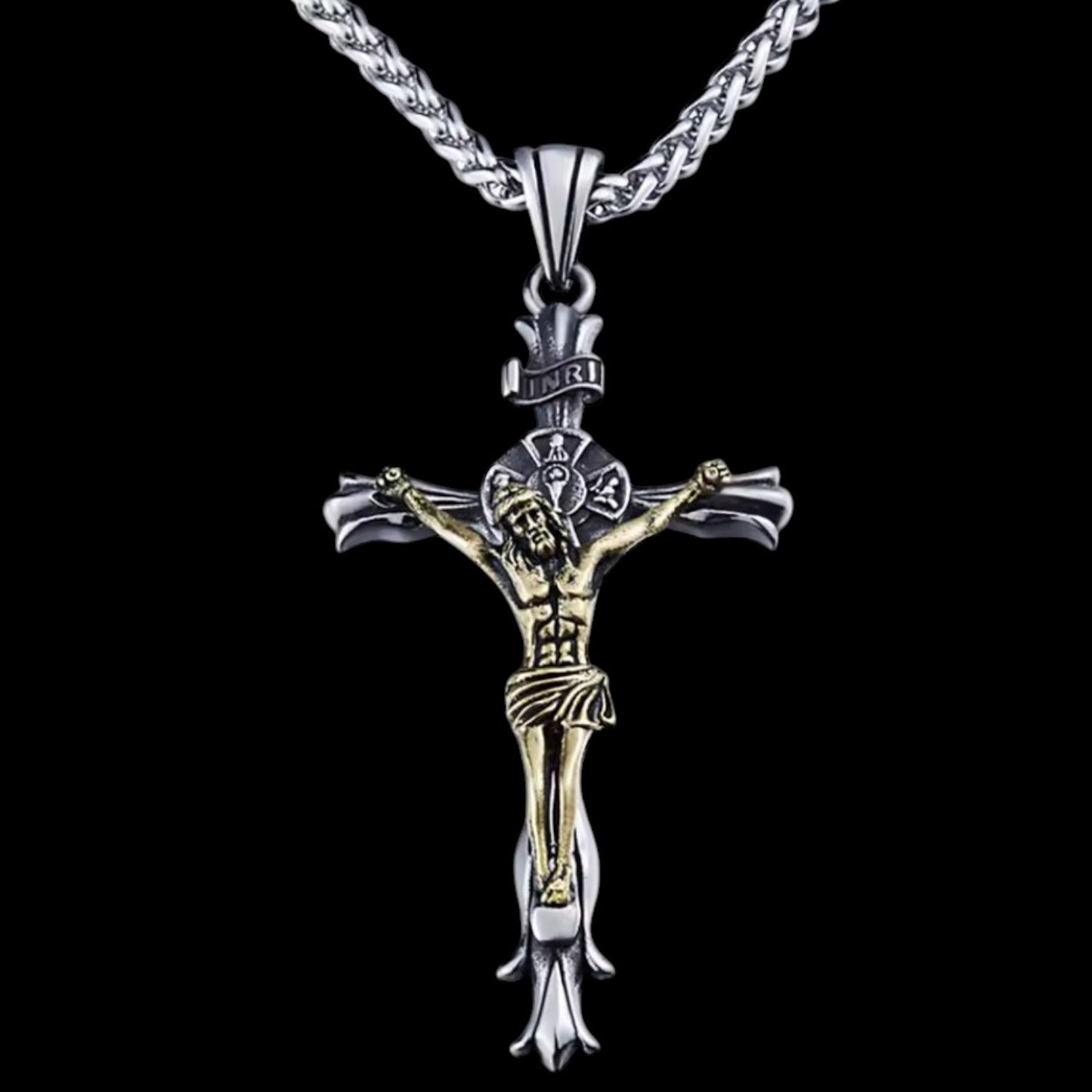 INRI Crucifix großer Anhänger "Jesus am Kreuz" silber-gold Edelstahl