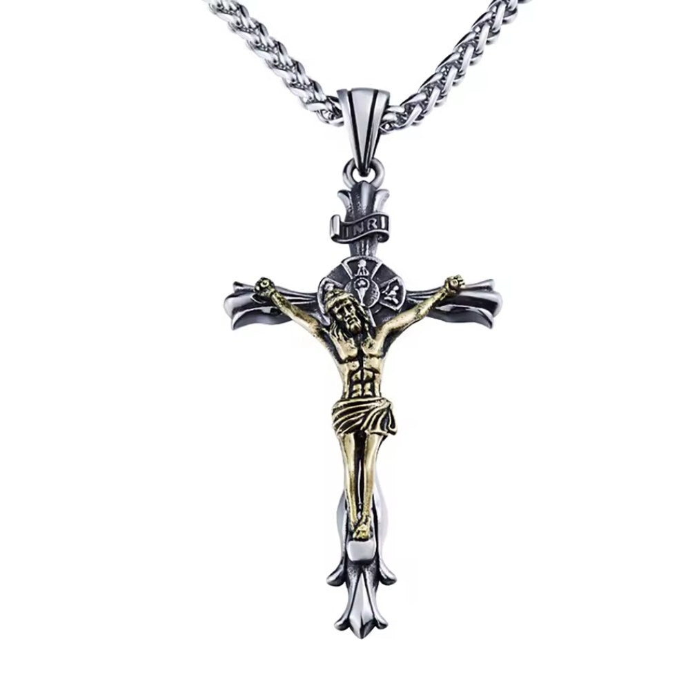 INRI Crucifix großer Anhänger "Jesus am Kreuz" silber-gold Edelstahl