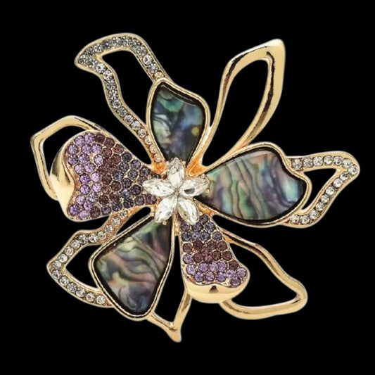 Große Blumen-Brosche mit Perlmutt & Strass vintage 5,7 cm