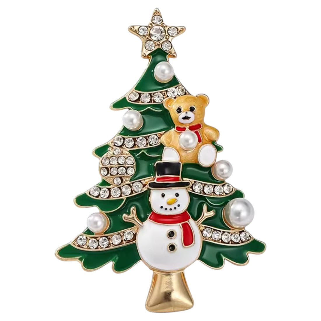 Weihnachtsbaum Brosche Schneemann Teddybär weißer Hintergrund Frontansicht