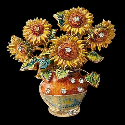 Van Gogh Sonnenblumen Brosche Vase schwarzer Hintergrund Frontansicht