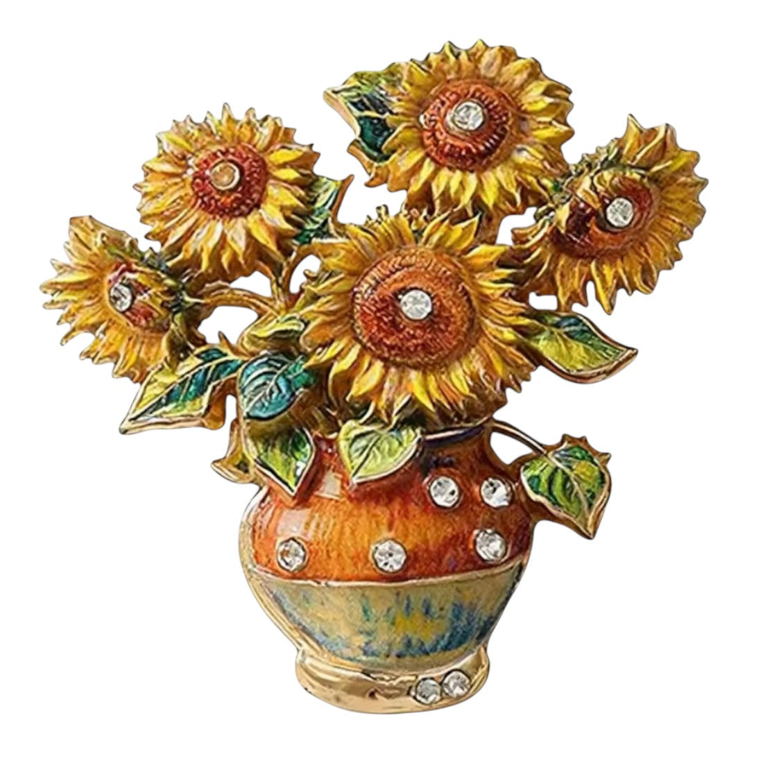 Van Gogh Sonnenblumen Brosche Vase weißer Hintergrund Frontansicht