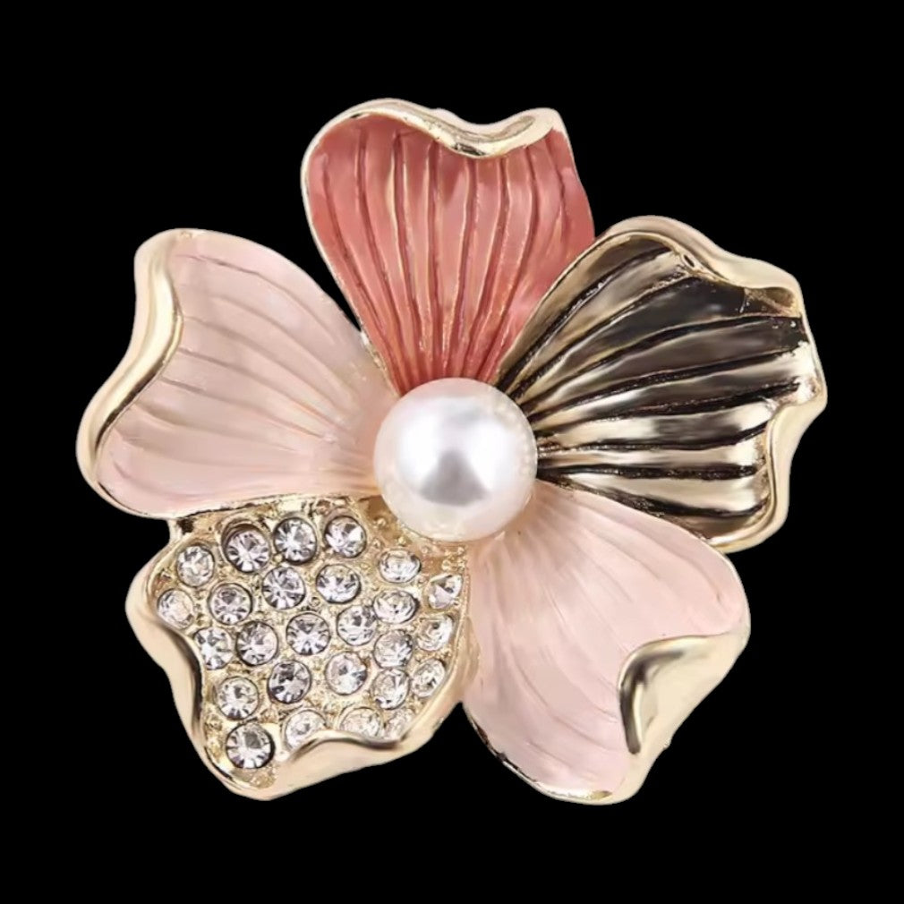 Zarte Blüten-Brosche Rosa-Gold mit Kunstperle Tricolor