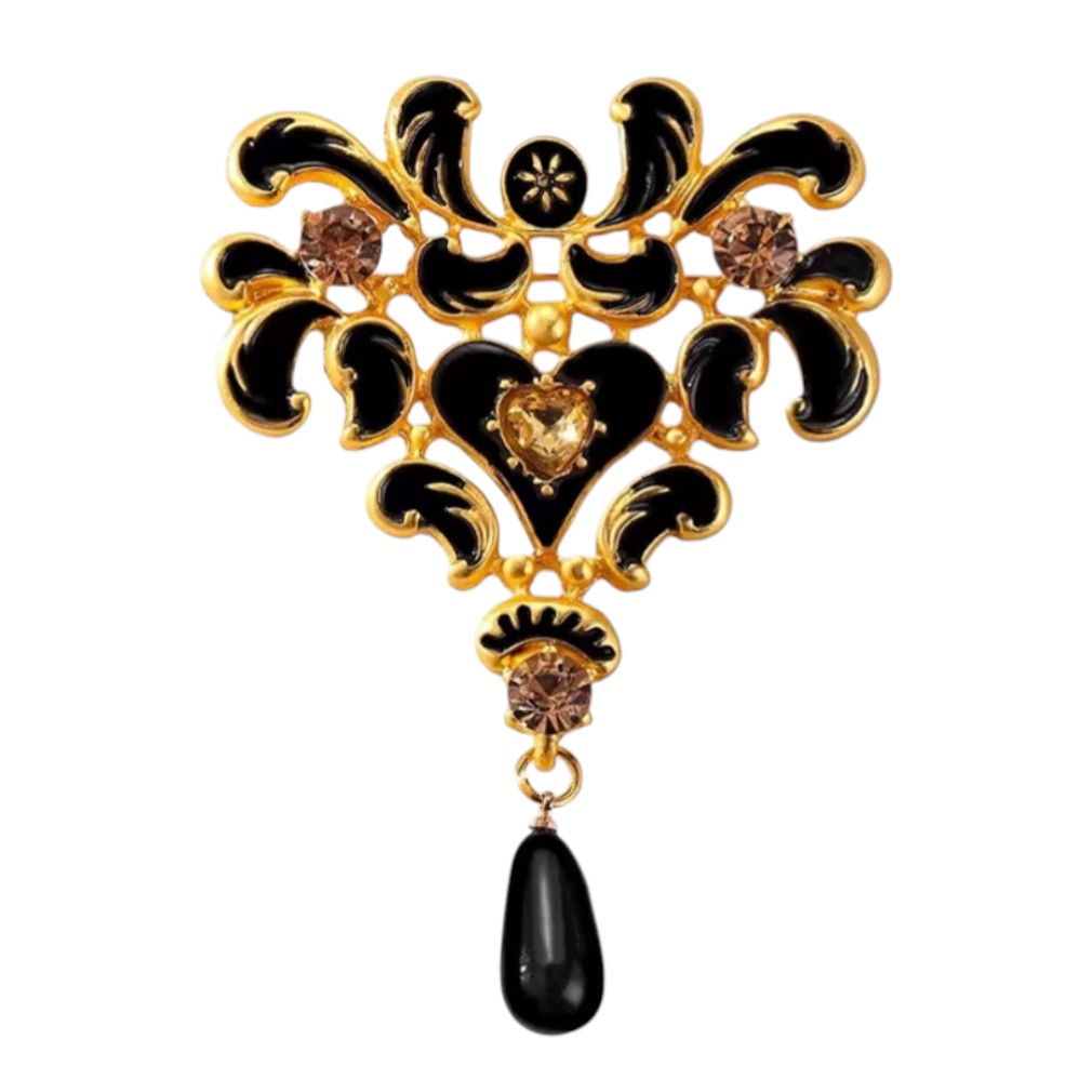 Barocke vintage Ornament-Brosche Schwarz-Gold 9 cm