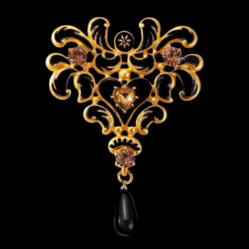 Barocke vintage Ornament-Brosche Schwarz-Gold 9 cm