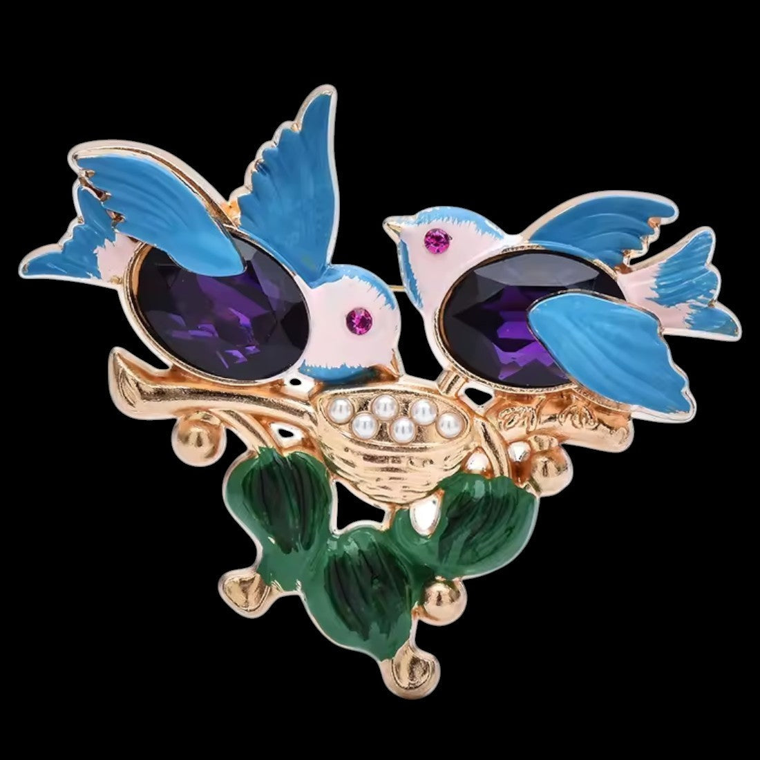 Vogelbrosche blaue Vögel Amethyst schwarzer Hintergrund Frontansicht
