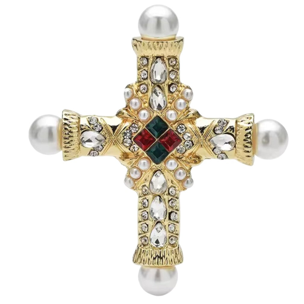 Vintage Kreuz Brosche Gold – Frontansicht auf schwarzem Hintergrund
