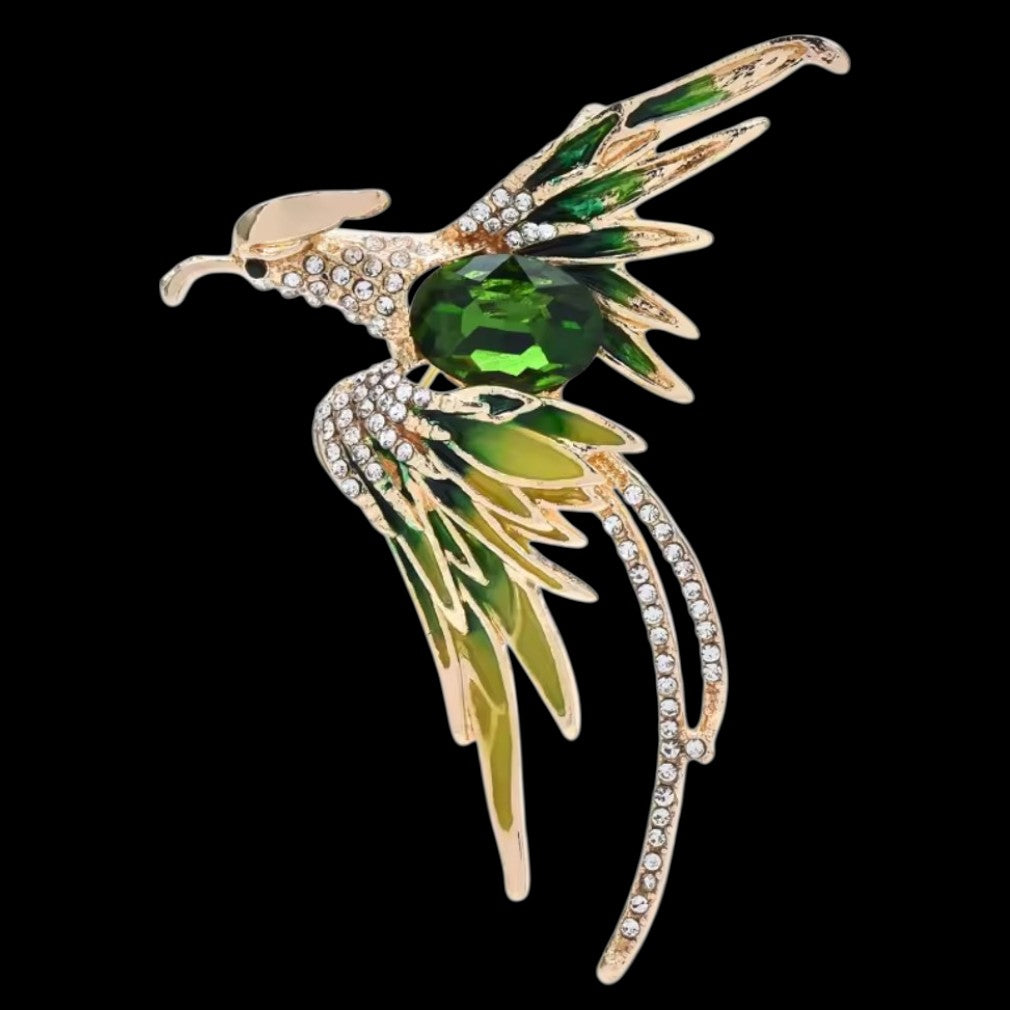 Prachtvolle Paradiesvogel-Brosche Gold-Grün mit Kristallen