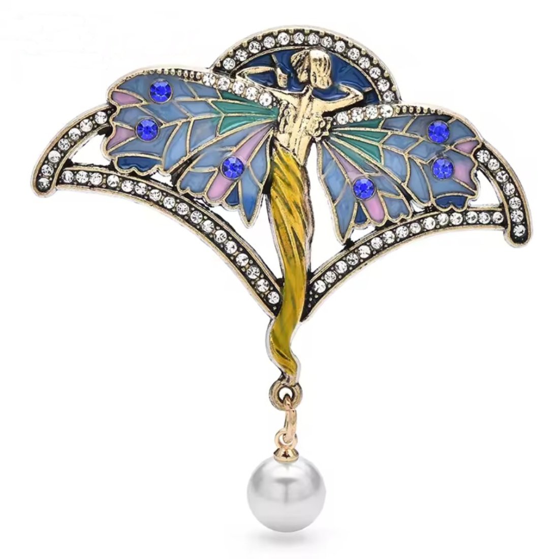 Brosche im Jugendstil Dame mit Flügeln