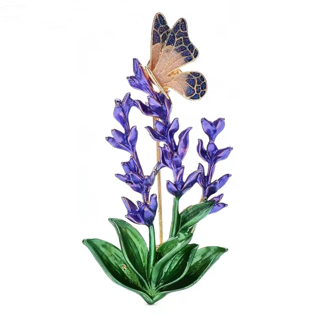 Zauberhafte Brosche Schmetterling auf Lavendelblüten metallicfarben