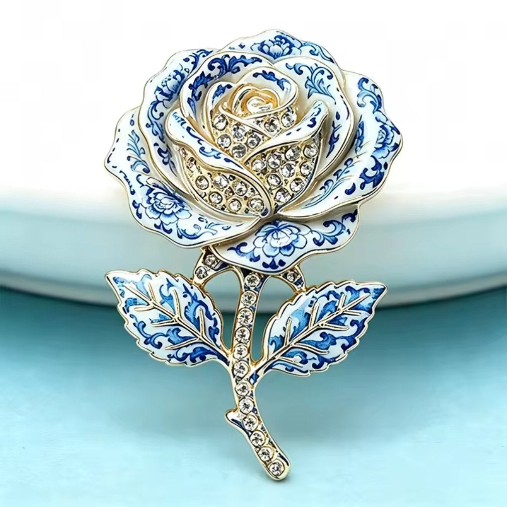 Blau-weiße Rosen Brosche vintage Porzellan Stil