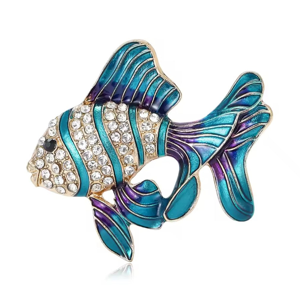 Retro Brosche kleiner Fisch in blau-gold mit Strass emailliert