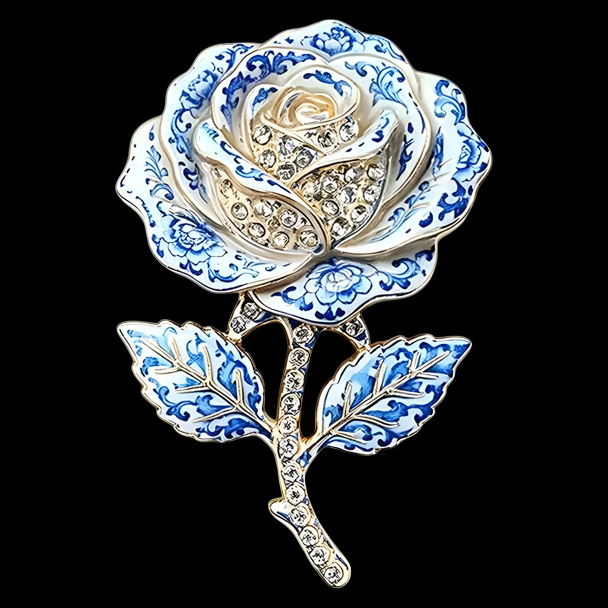Blau-weiße Rosen Brosche vintage Porzellan Stil