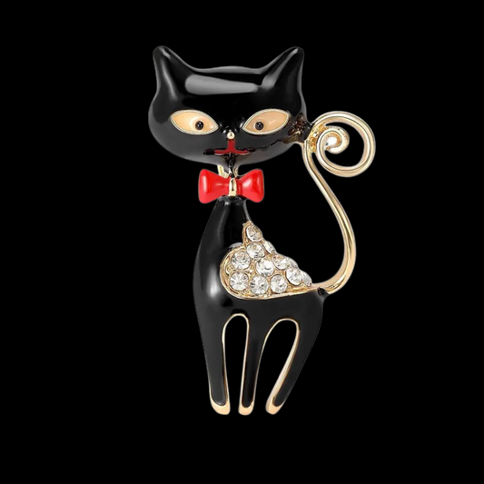 Brosche kleine Katze in schwarz mit Schleife