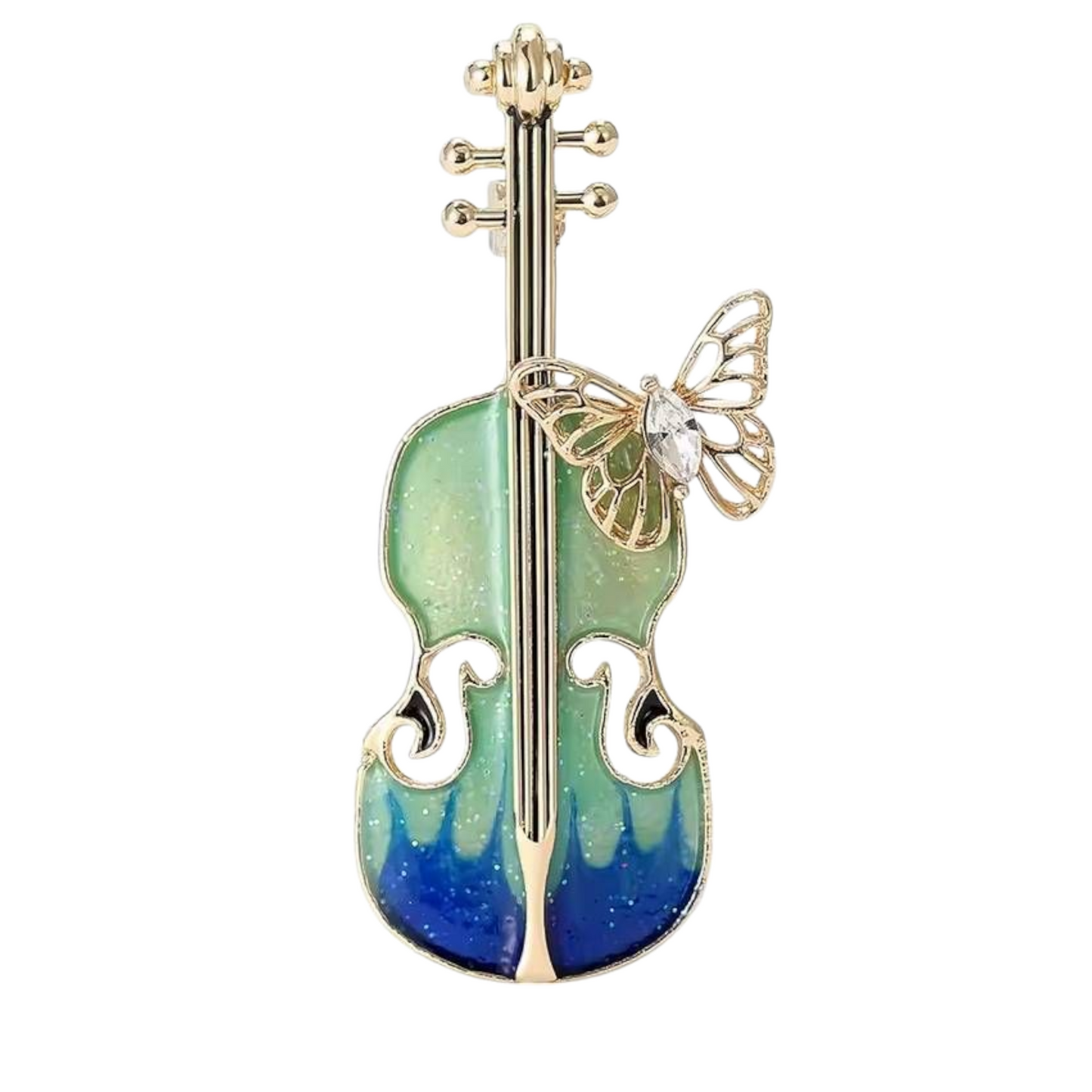 Vintage Brosche Geige mit Schmetterling blau-grün