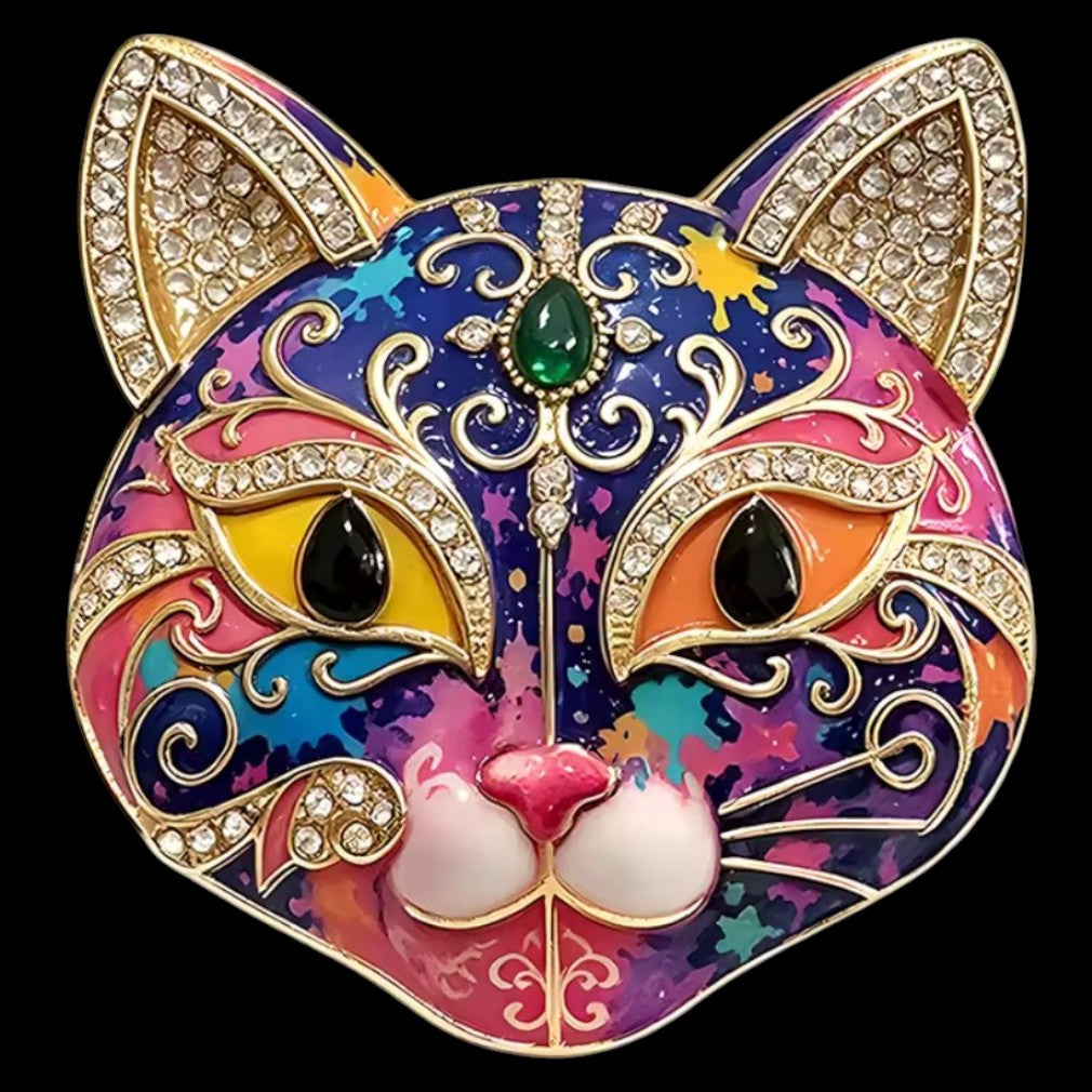 Vintage Masken-Brosche Katze Galaxy-Stil – schwarzer Hintergrund