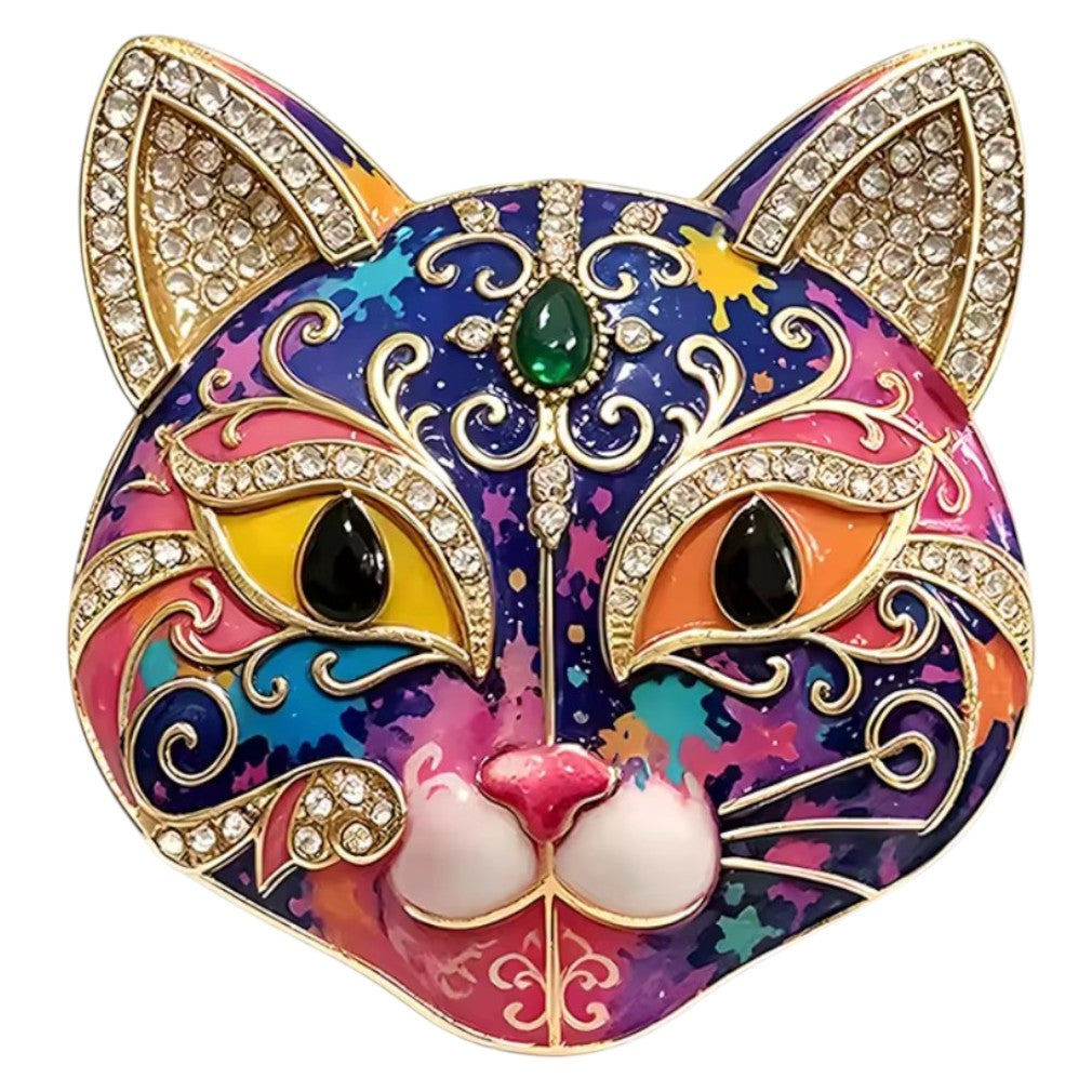 Vintage Masken-Brosche Katze Galaxy-Stil – weißer Hintergrund