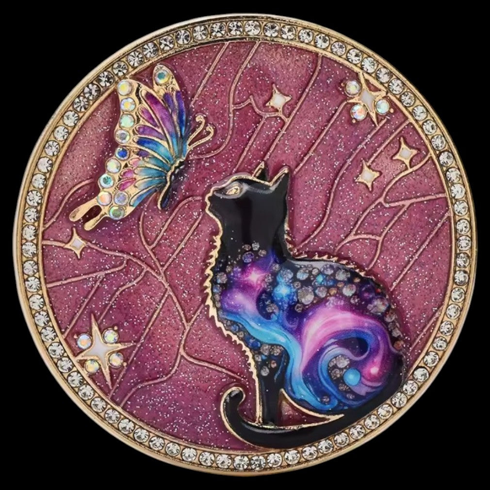 Vintage Katzen Brosche Galaxie & Pink – Emaille, Strass & Schmetterling