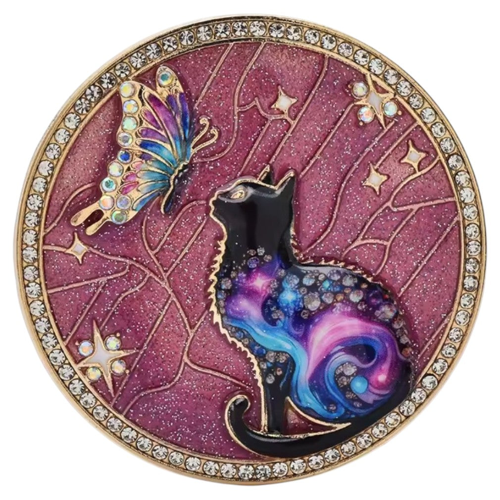 Vintage Katzen Brosche Galaxie & Pink – Emaille, Strass & Schmetterling
