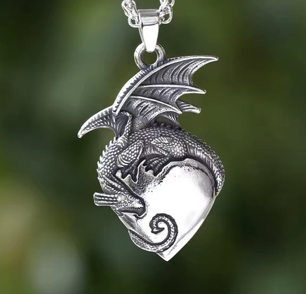 Edelstahl Anhänger mit Kette Drache & Herz