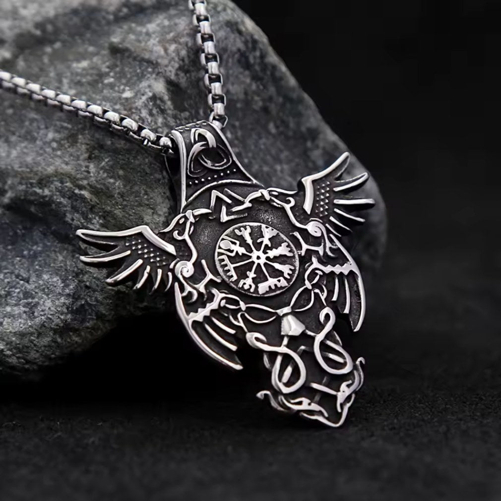 Odin's Ravens Viking Compass Edelstahl Halskette mit Anhänger