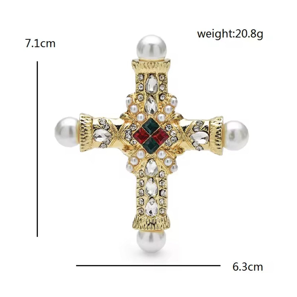 Vintage Kreuz Brosche Gold Perlen Kristalle – Maßansicht 7,1 x 6,3 cm, Gewicht 20,8 g