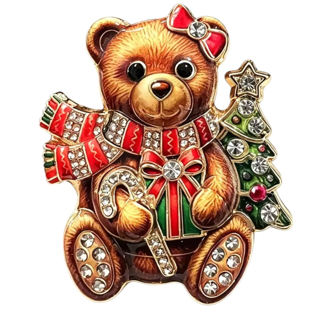 Weihnachtliche Teddy-Brosche mit Weihnachtsbaum