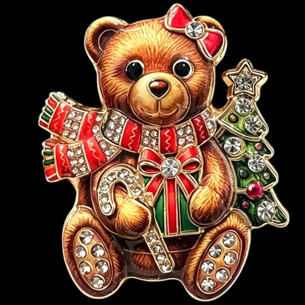 Weihnachtliche Teddy-Brosche mit Weihnachtsbaum