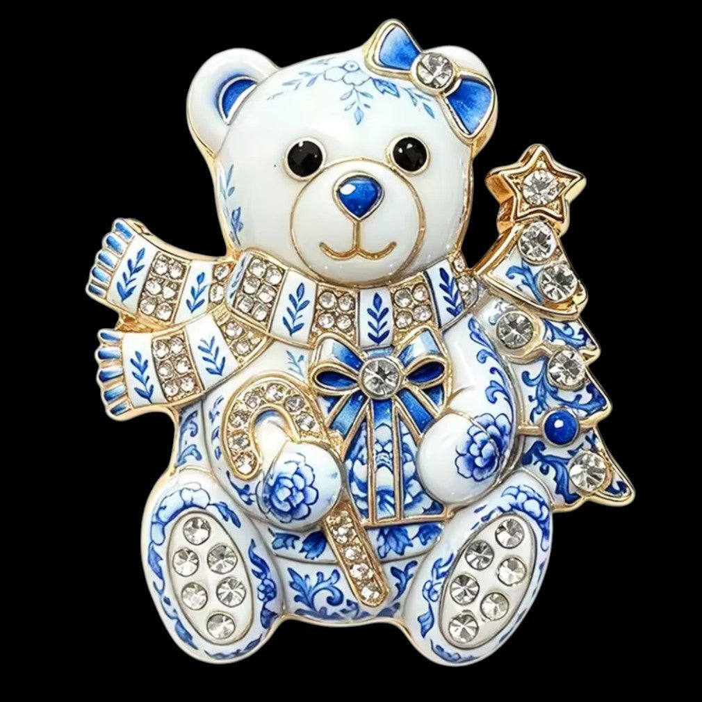 Weihnachtsbrosche Bär Porzellan-Stil – schwarzer Hintergrund