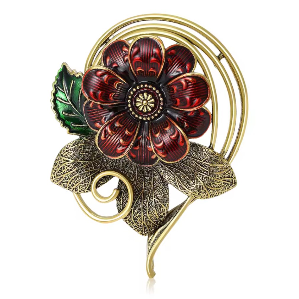 Große retro Brosche Blume mit Ornament in gold-bordeaux