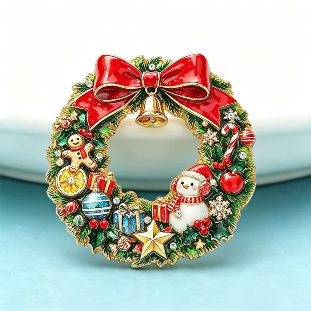 Nostalgische Brosche Weihnachten Weihnachtskranz mit Schneemann vintage